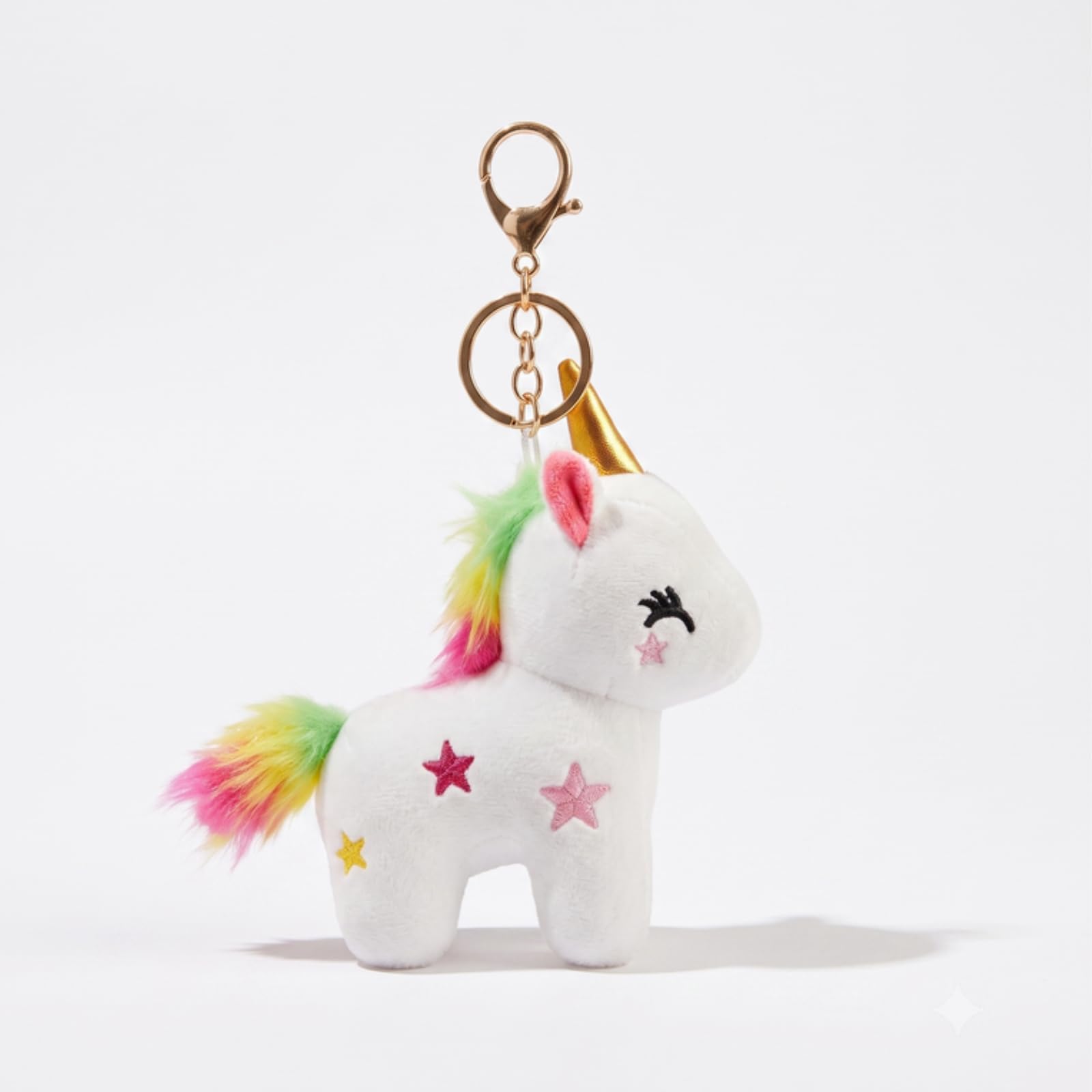 White Unicorn Plush Keychain with Gold Horn, Rainbow Mane, Embroidered Star Details & Gold Key Ring, Soft Mini Stuffed Bag Charm for Handbags, Backpacks, Car Keys & Gifts-image-14
