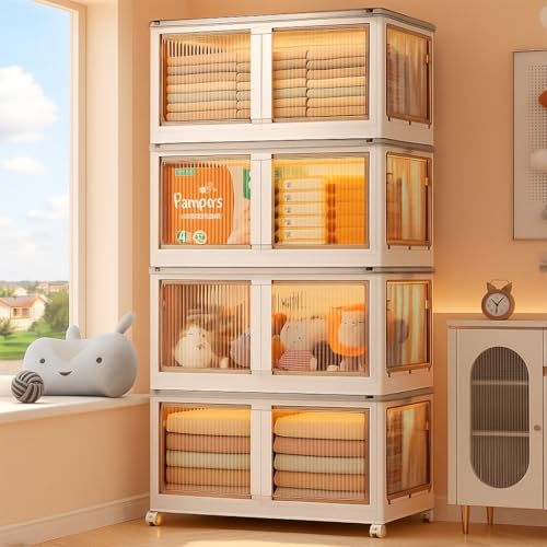 Image of Sunderlook Plastic Wardrobe for Kids Clothes - Standing Desk Premium Comfort Foldable Wardrobes for Clothes, Large Cupboard for Storage for Men and Women (Classic White, 4 Door)