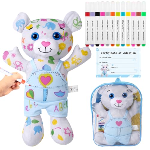 DRAWMYTOY Coloring Plush Toy with 12 Washable Markers for Little Girls Doodle Dolls for Kids Ages 4-6 Birthday (Blue Bear)
