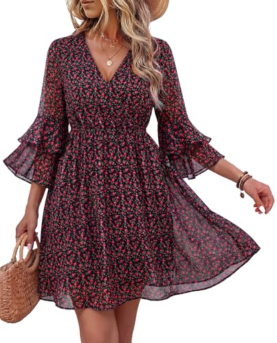 Bebonnie Garden Party Dresses for Women: Feminine 3/4 Bell Sleeve Sexy V Neck Vintage Bohemian Flower Beach Vacation Clothes Brunch Picnic Wedding Guest Formal Maxi Dress for Coachella Black Red M