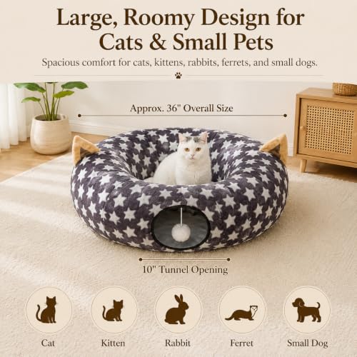 Image of Large Cat Tunnel Bed Under Christmas Tree with Fluffy Toy Balls, Small Cushion and Flexible Design- 10 inch Diameter, 3 ft Length- Great for Cats, and Small Dogs, Gray Star Pattern