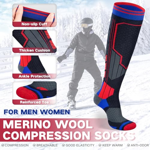 Reamphy 2 Pairs Merino Wool Ski Socks Men Women Compression Snowboard Winter Thermal Socks Knee Socks for Skiing Snow Hiking2