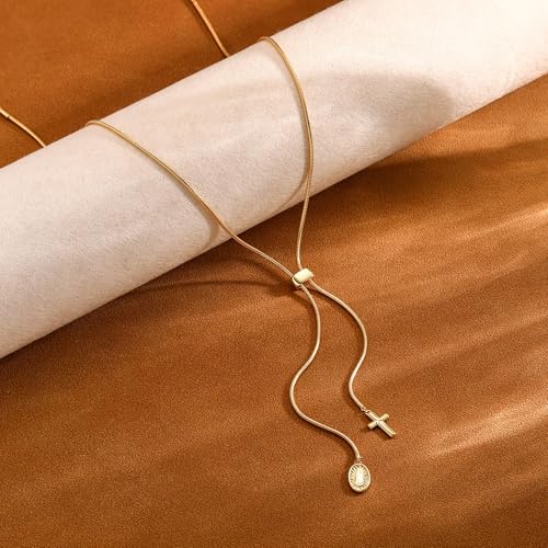 Image of CHESKY Long Necklaces for Women, 14k Gold Plated /Streling Silver Lariat Necklace Dainty Statement Prom Necklace Rosary Cross Sun Drop Pendant Dangle Necklace Gold Prom Jewelry for Women Gifts