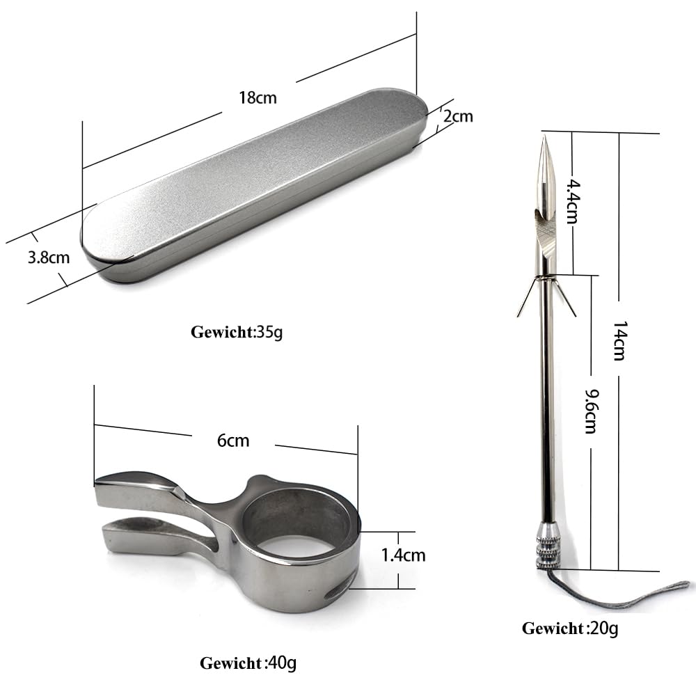 Edelstahl Schleuder Fischerei Pfeil Bogenschießen, 1 Ring, 1 Box für Fischschießen, 6 Fisch Fischerei Pfeile, Fischschießen Darts, Finger Ring Launcher Silber (Paket A)
