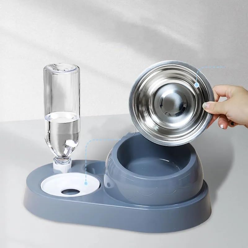 2-in-1 Stainless Steel Pet Bowl with 550ml Water Bottle, Auto Feeder for Dogs and Cats (Light Blue)