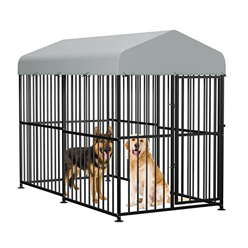 HOMEDIARY Large Outdoor Dog Kennel, Metal Heavy Duty Outdoor Indoor Pet Playpen, Anti-Rust Dog Pens Outdoor Dog Fence with Anti-UV & Waterproof Top Cover and Secure Lock for Backyard, 4'L x 8'W x 6'H