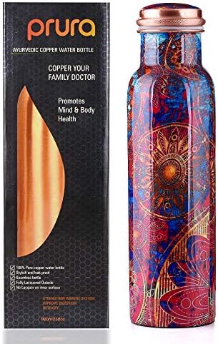 PRURA Copper Water Bottle A Leak Proof Ayurvedic Pure Copper Vessel (900ml/30oz, Design 6)