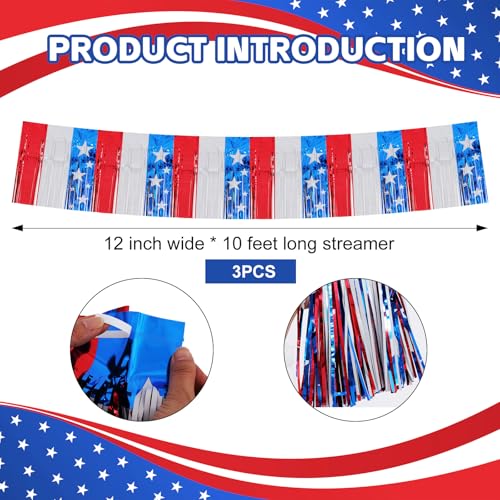Image of BEISHIDA 3 Packs 30 Feet Metallic Foil Fringe Garland Tinsel Streamers Shiny Wall Hanging Tinsel Fringe Banners for Car Floats Birthday Wedding Graduation Party Decoration Red White Blue Mixed Stars