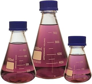 Erlenmeyer Flask Set with Blue Screw Cap, 3 Sizes - 250ml, 500ml and 1000ml, Borosilicate Glass, Karter Scientific