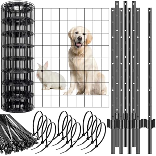 109 Pcs Black PVC Coated Wire Fence 2 x 50 ft, 2 x 3 Inch 16ga, Garden Fencing Roll and 3 ft Metal Fence Garden Fences T Posts and 8 in Zip Ties Cable Ties for Lawn Poultry Plant
