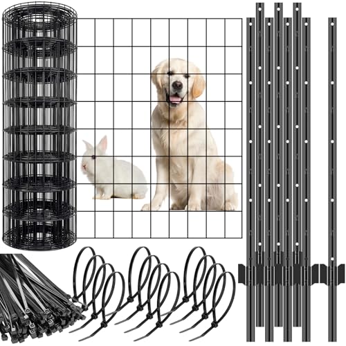 Otoolling 109 Pcs Black PVC Coated Wire Fence 2 x 50 ft, 2 x 3 Inch 16ga, Garden Fencing Roll and 3 ft Metal Fence Garden Fences T Posts and 8 in Zip Ties Cable Ties for Lawn Poultry Plant