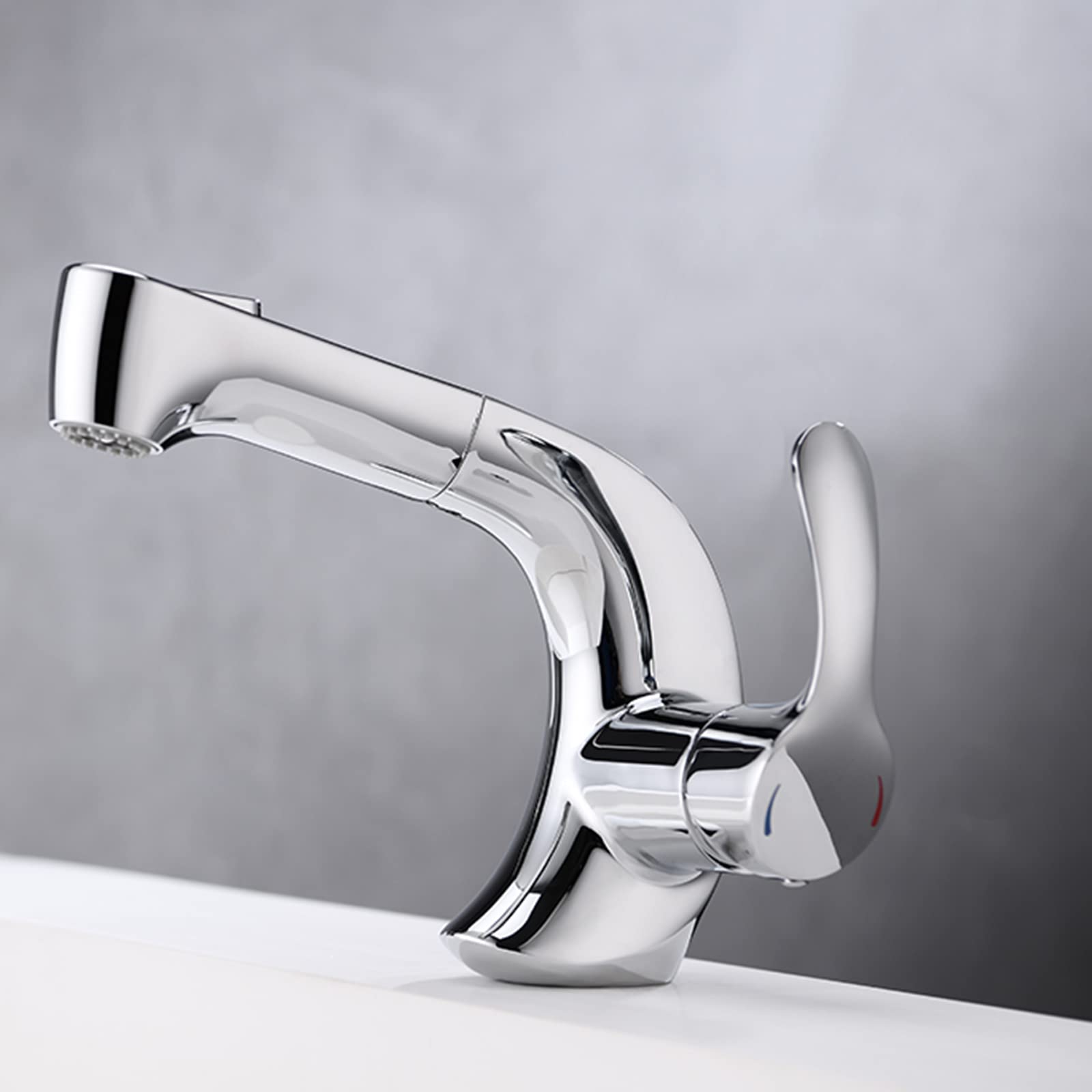 Grifo Mezclador para Lavabo con rociador extraíble, Grifo de baño multifunción de latón con un Solo Orificio para Agua fría y Caliente, Cromado
