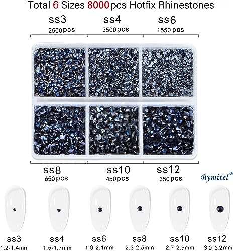 Image of Bymitel Hotfix Crystal Rhinestones Round Gems for Crafts,Mixed 6 Sizes with Wax Pencil Kit, Montana1.3-3.2mm(SS3-SS12 /8000pcs)