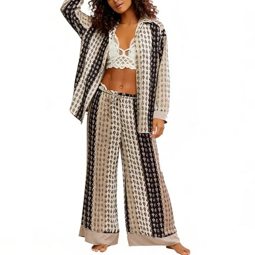 Image of Women Satin Pajama Set Floral Silk Pajamas 2 Piece Lounge Sets Button Down Shirts Wide Leg Pants Pjs Sleepwear