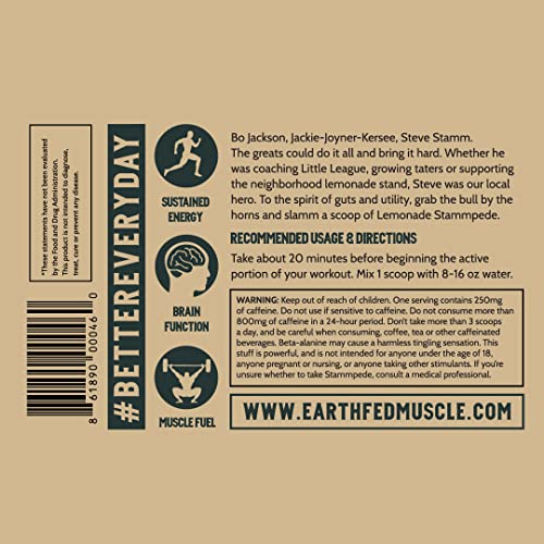 Earth Fed Muscle Stammpede Lemonade Pre Workout - Boosts Energy - Beta Alanine, 250Mg Caffeine, Citrulline Malate, Taurine, Tyrosine - Soy Free, Gluten Free, Sugar Free. Keto Friendly - 26 Servings #TOP5