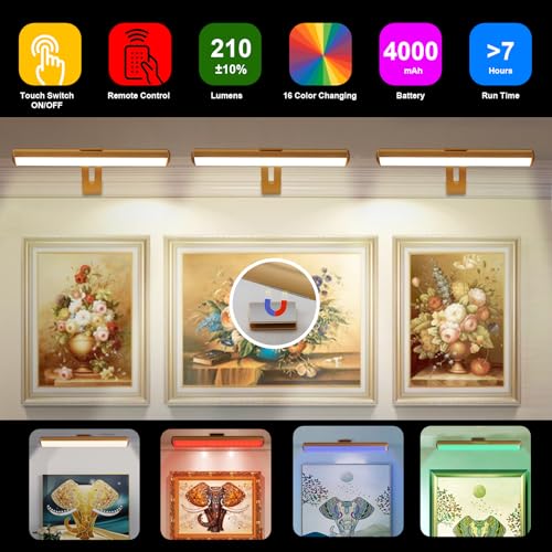 Image of Picture Light, Battery Operated Picture Light with Remote, Rechargeable Picture Frame Light, 32 LED, 16 Color Changing, Art Light for Paintings for Display, Picture-Gold