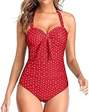 Tempt Me Women Red Dot Tummy Control Bathing Suits Halter One Piece Swimsuits Ruched Slimming 1 Piece XL