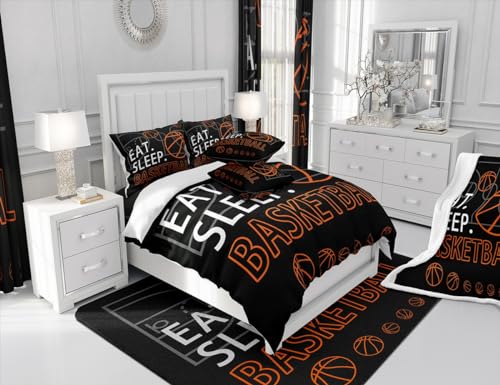 Image of Feelyou Basketball Comforter Set Black Bedding Queen Size for Kids