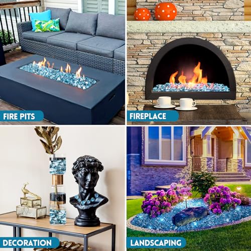 GasSaf 1/2 Inch Fire Glass Reflective Tempered Fireglass Cut Crushed FireGlass for Fire Pit, Fireplace, Replaces Existing Gas Logs & Lava Rocks (20 Pound)(Caribbean Blue Reflective).