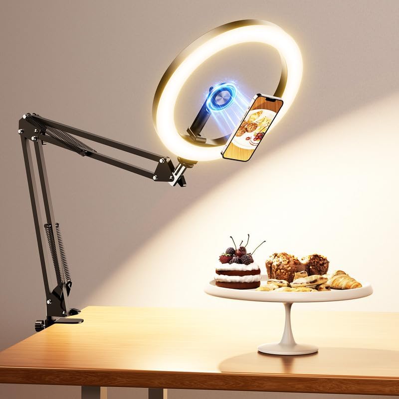 Magnetic Overhead Ring Light for Desk, 10” Selfie Light with Stand Tripod for iPhone, Adjustable Overhead Phone Mount with MagSafe-Compatible Holder for Recording, Vlogging, Crafts, TikTok, YouTube