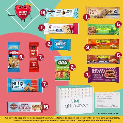 Image of Gift A Snack - Healthy Granola Breakfast Bars, Snack Box Care Package + Greeting Card (70 Count) Graduation Birthday Treats Gift Basket Nutritious Chips Office Food Assortments & Variety Gifts