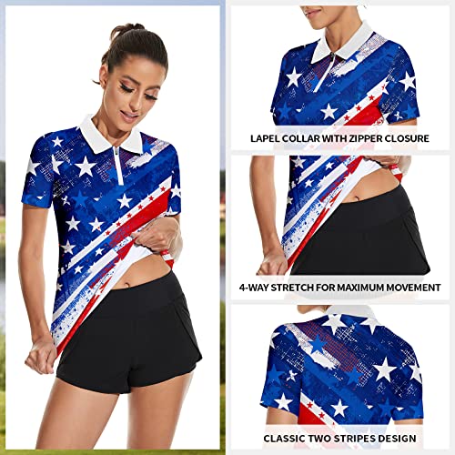 Women's American Flag Golf Shirt Short Sleeve Tennis Shirt Quarter Zip Golf Top July 4Th Golf Polo Shirts #TOP1