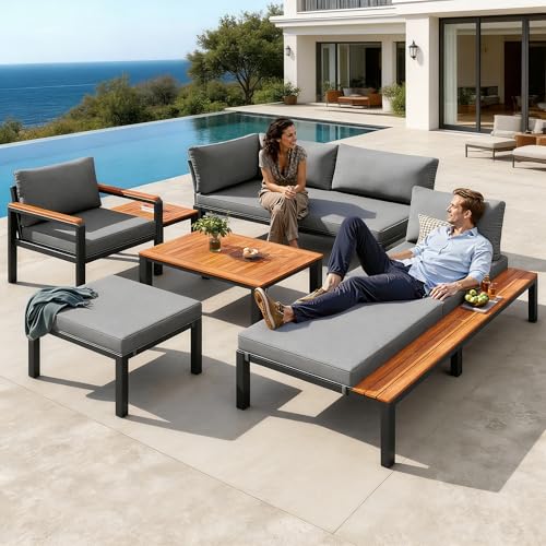 Levvied - Juego de muebles de jardín modular, juego de salón de jardín, juego de sofá de jardín con cojines transpirables y mesa de madera, conjunto de sofás de patio, estructura de metal, para balcón