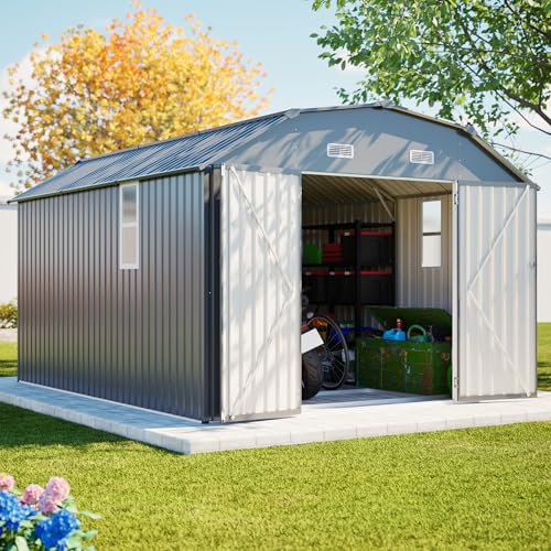 Image of YOPTO 10x12 FT Outdoor Storage Shed,Heavy Duty Metal Shed W /Floor Frame & 2 Windows,Garden Shed W / 4 Air Vents,Diamond-Shape Roof & Lockable Door,for Backyard,Patio,Lawn,Grey