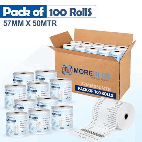Image of MOREBLUE Thermal Paper Rolls (57mm x 50 Meter) Pack of 100 | Ink-Free, BPA-Free Receipt Paper for POS Machine, Billing Machine, Credit Card Machine & Petrol Pump Use