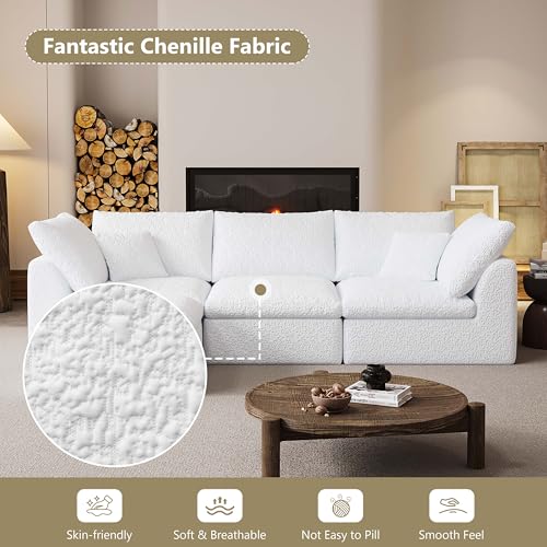 Image of Modular Sectional Sofa Couches L-Shape Couch 3 Seat Modular Sofa Memory Foam Sectional Couches for Living Room (White, 108 inch+3 Seater+1 Ottoman)