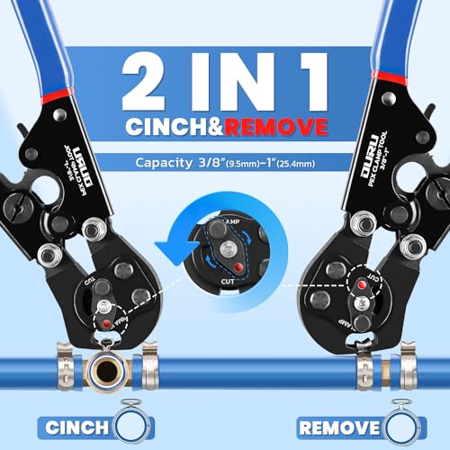 OURU 2 IN 1 Ratchet Pex Crimping Tool Cinch and Remove Combo Function Pex Pipe Crimp Tool from 3/8" to 1" Pex Crimper with Pex Cutter and Stainless Steel Pex Clamps 1/2" 25PCS,3/4" 10PCS by OURU - Image 2