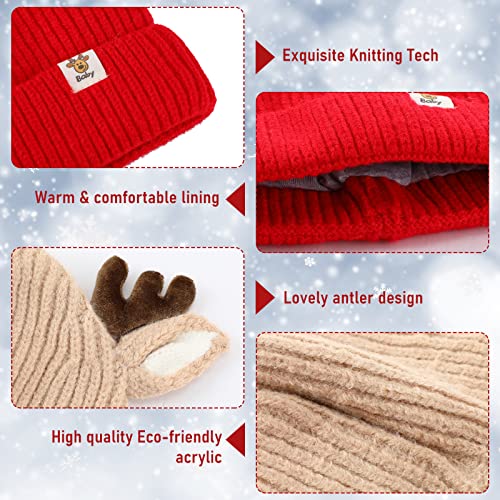Jeyiour 2 Pack Cute Reindeer Antlers Baby Beanie Kids Winter Hat Christmas Toddler Moose Hat Warm Crochet Knitted Hat For Girls Boys Red, Beige #TOP2