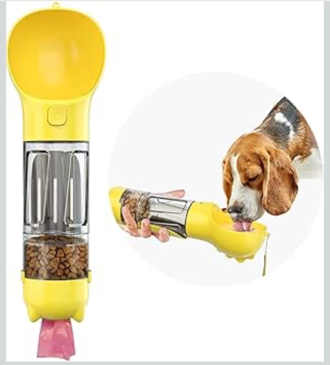 4-in-1 Portable Pet Water Bottle with Food Storage, Poop Bag Dispenser and Spoon for Dogs and Cats, Yellow, 300ml