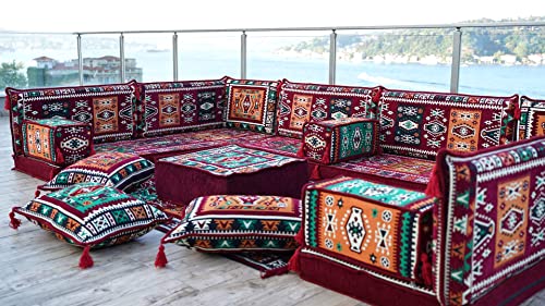 Premium U Shaped Arabic Sofa Set, Maroon Floor Cushions, Arabic Seating Floor Sofa, Backrests, Moroccan Sofas, Arabic Majlis (U Sofa Full Set) #TOP2