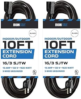 2 Pack of 10 Ft Outdoor Extension Cords - 16/3 Durable Black Extension