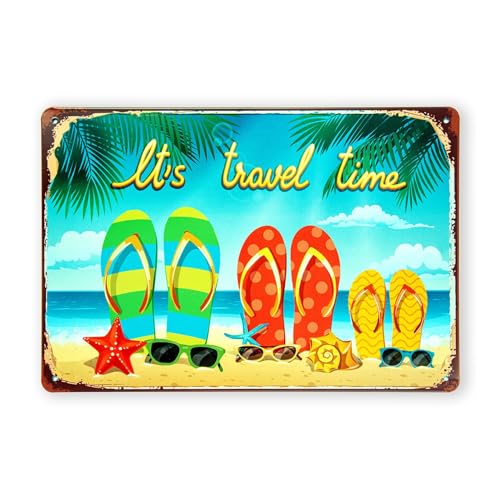 Image of Decorative Retro Metal Signs Wall Plate - 12x8 Inch (It's Travel Time) | Weatherproof Vintage Metal Sign Plate for Cafe, Home, Bar, Garage | Decorative Wall Hanging Sign Board