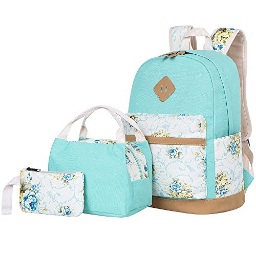 Bluboon Canvas School Backpack Set 3 Pieces Lightweight Teen Girls Bookbags Insulated Lunch Bag Pencil Case (Water Green-Flower) #TOP1