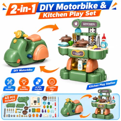 Image of 2-in-1 Kids Kitchen Playset & Ride-On Motorcycle, 45 PCS Toy Set