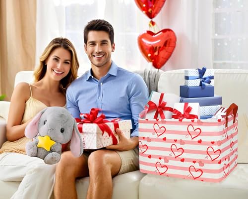 Image of Large Valentine's Day Basket Heart Shaped Storage Bin for Gifts Collapsible Organizer Room Decor (Pink Horizontal Bar Love)