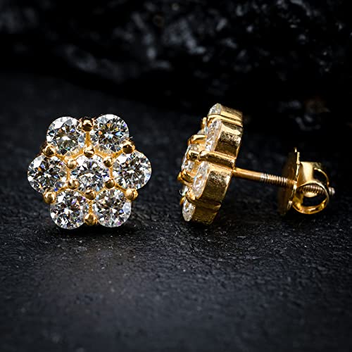 Mens Women Large Trendy Flower Cluster 14k Yellow Gold Plated 925 Sterling Silver Hip Hop Round Shape Iced 5A CZ Circle Screw Back Earrings Jewelry Gifts For Men Women4