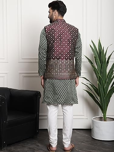 Image of SOJANYA (Since 1958 Men's Jacquard Silk Kurta and Pyjama with Nehru Jacket
