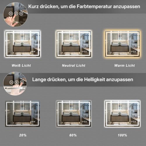 Dripex LED Badspiegel 60 x 80 cm, 3 Lichtfarben, Antibeschlag fürs Bad – Ansicht 2