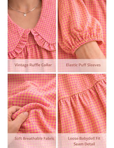 Image of Ynhonra Women's Gingham Mini Dress 3 /4 Puff Sleeve Babydoll Doll Collar