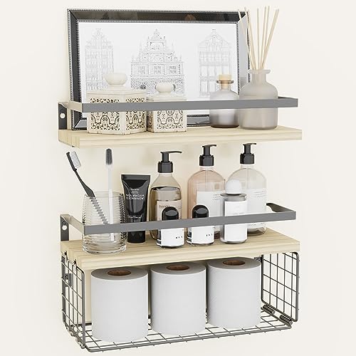 Aroha Floating Shelves with Wire Storage Basket for Toilet Paper,