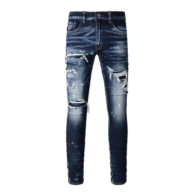 Jeans Pants Trouser Denim Men Ripped Hole Street Trendy Elastic Slim Fit Retro Patch Washed Blue Tie Dye Casual Small Leg(Blue,29)