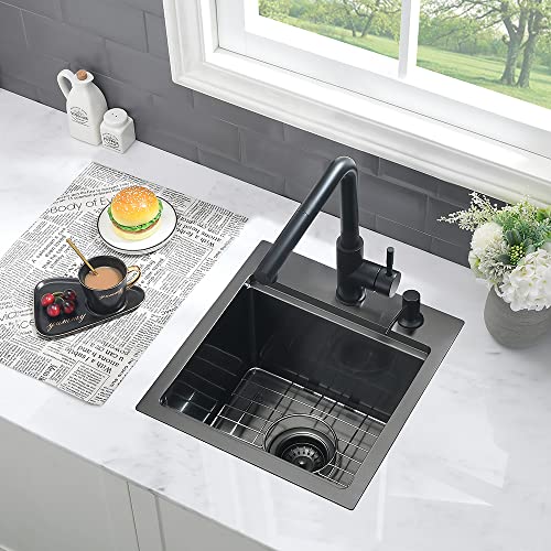 15 Inch Bar Sink Drop In Workstation-Vasoyo 15X15 Inch Small Bar Prep Sink Drop In Topmount Kitchen Sink Black 16 Gauge Stainless Steel Single Bowl Outdoor Or Bar Sink With Grid&Drain&Cutting Board #TOP2