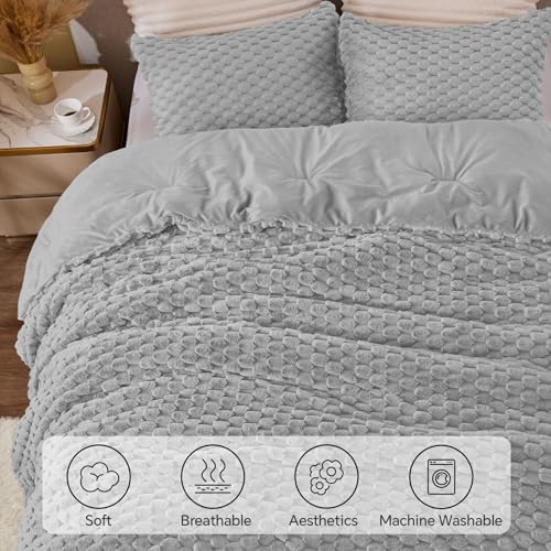BEDELITE Fluffy Twin Comforter Set - Light Grey Fleece Soft Comforter for Twin Size Bed, Luxury Warm Bedding Set for Winter, Fuzzy Bed Set 2 Pieces (1 Comforter, 1 Pillowcase)