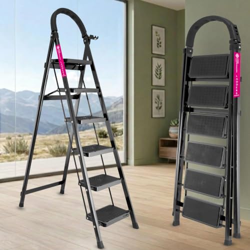 Image of Casa Copenhagen Black 6 Step Ladder for Home Use with Built-in Tool Tray | Heavy Duty D Shape Rods | Ultra Large Platform | 150Kg Capacity Foldable Ladder - 7 Years Warranty