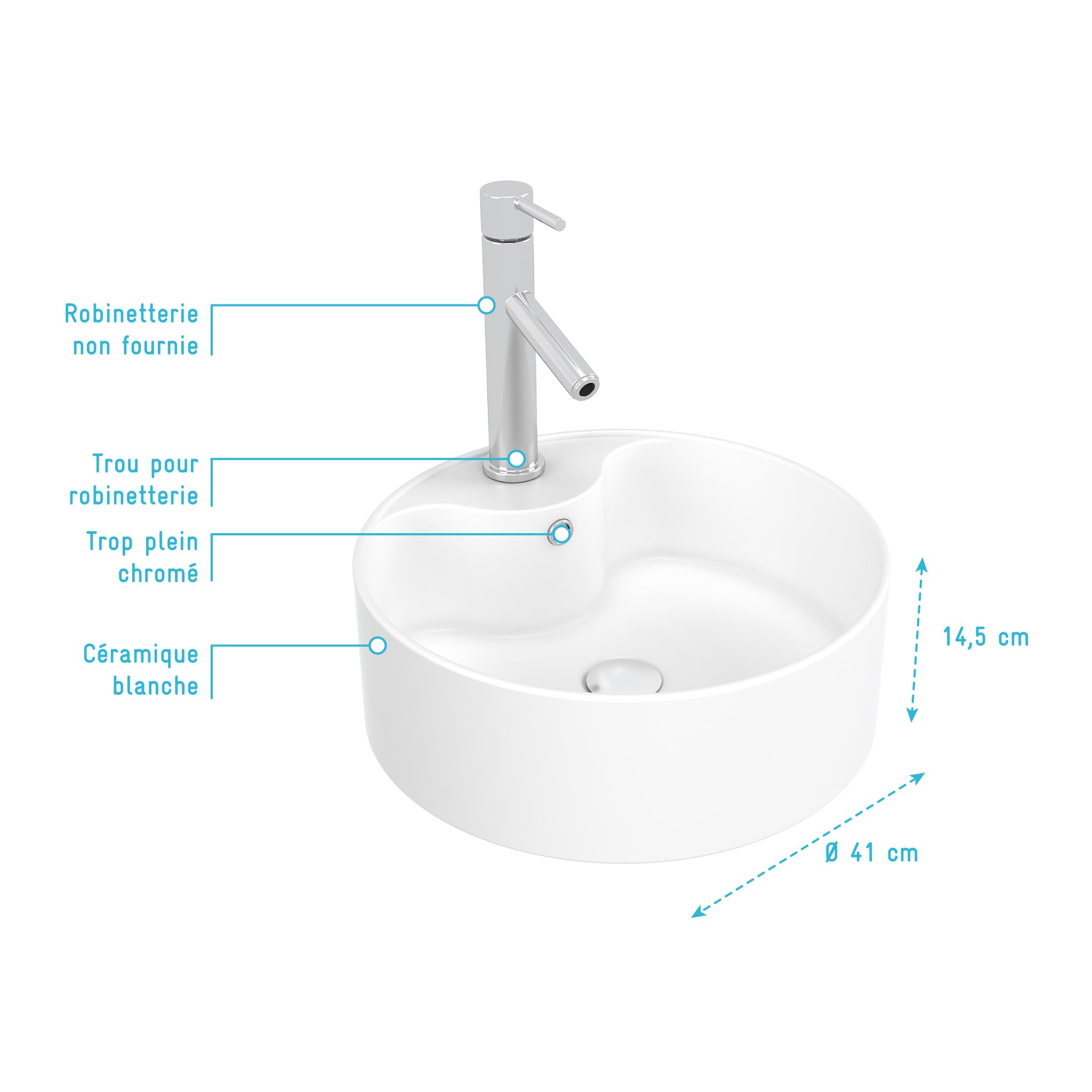 Lavabo rotondo in ceramica diametro 41 cm altezza 14.5 cm ROLL ON