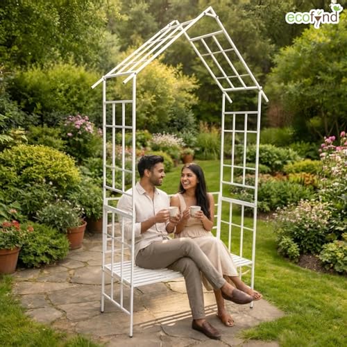 Image of ecofynd 8 Feet High x 3.7 Feet Wide 2-Seater Hut-Shaped Garden Bench, Metal Arbor Trellis for Climbing Plant with Outdoor Garden Chair, Backdrop Stand for Wedding Lawn Backyard Party Decor (GC002-WHT)